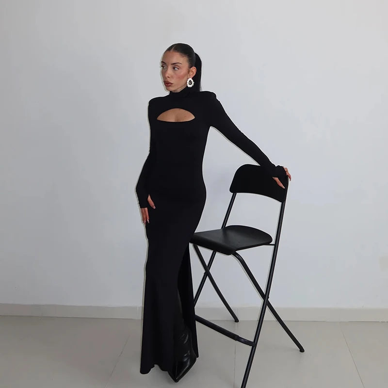 Huhugirl Sexy Sheath Women's Maxi Dresses Solid Turtleneck Regular Long Sleeves Hollow Out Slim Fit Bodycon Party Vestidos Robes