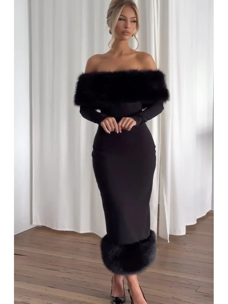 Strapless Faux Fur Patchwork Dress Women Sexy Off-shoulder Full Sleeve Cinched-waist Bodycon Dresses Lady Party Evening Gown