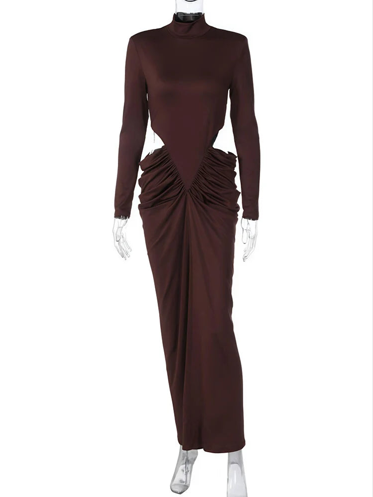Elegant Autumn Winter Hollow Out Ruched Club Party Long Dresses Female