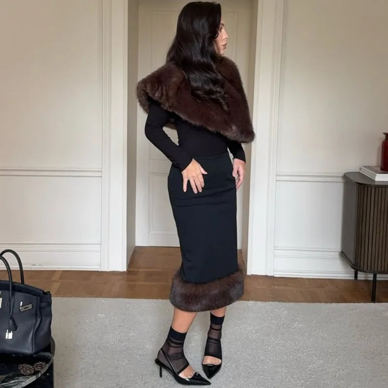 Elegant Fleece Shawl Fashion Patchwork Maxi Skirts Sets Luxury Vintage Female Dress Set