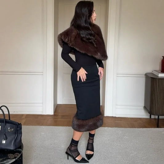 Elegant Fleece Shawl Fashion Patchwork Maxi Skirts Sets Luxury Vintage Female Dress Set