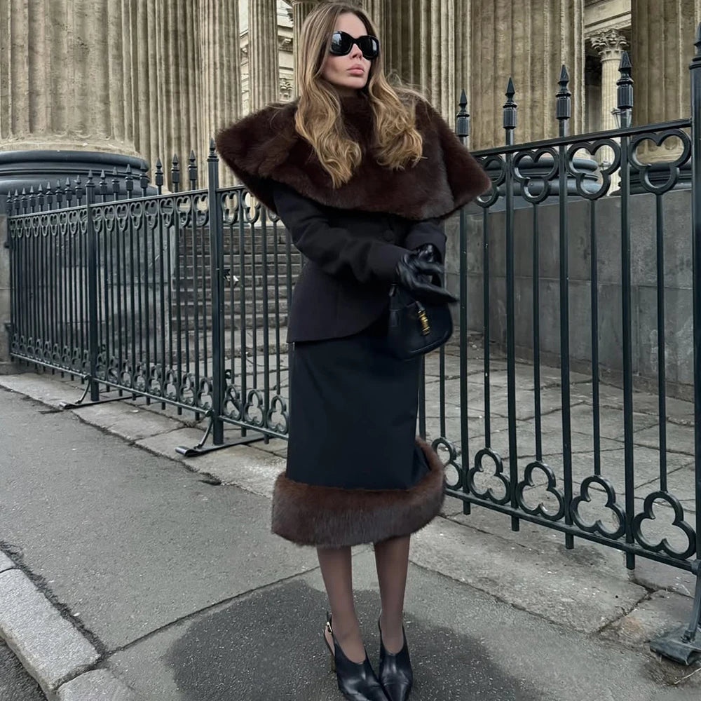 Elegant Fleece Shawl Fashion Patchwork Maxi Skirts Sets Luxury Vintage Female Dress Set