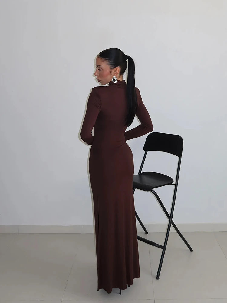 Huhugirl Sexy Sheath Women's Maxi Dresses Solid Turtleneck Regular Long Sleeves Hollow Out Slim Fit Bodycon Party Vestidos Robes