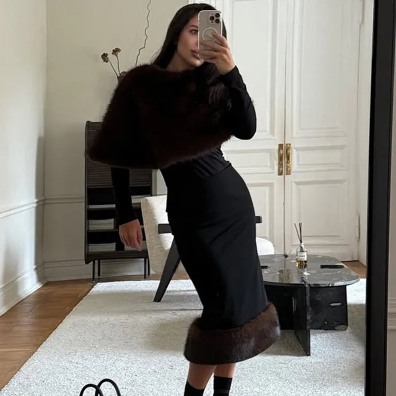 Elegant Fleece Shawl Fashion Patchwork Maxi Skirts Sets Luxury Vintage Female Dress Set