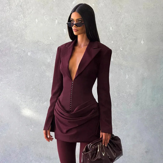 Elegant Deep V Neck Ruched Mini Autumn Long Sleeve Slim High Waist Fashion Patchwork Club Party Dress Female Clothes