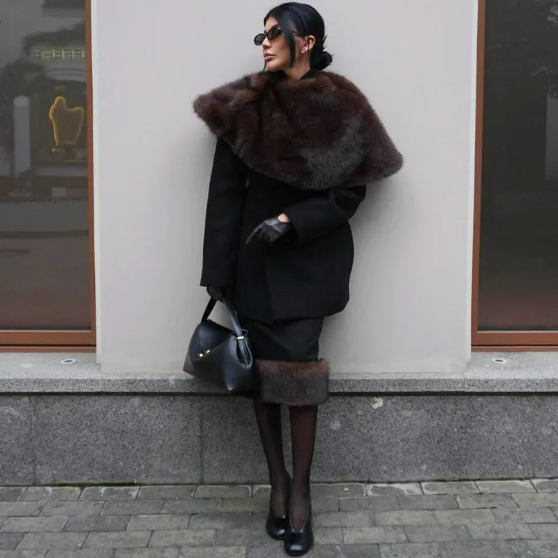 Elegant Fleece Shawl Fashion Patchwork Maxi Skirts Sets Luxury Vintage Female Dress Set