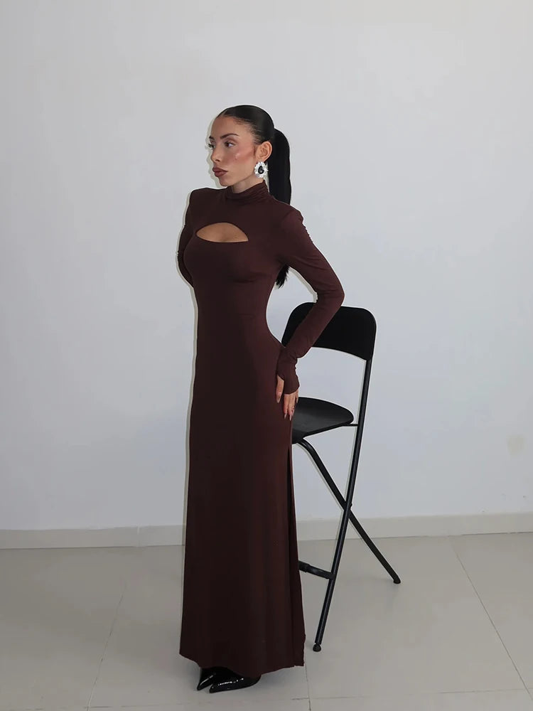 Huhugirl Sexy Sheath Women's Maxi Dresses Solid Turtleneck Regular Long Sleeves Hollow Out Slim Fit Bodycon Party Vestidos Robes